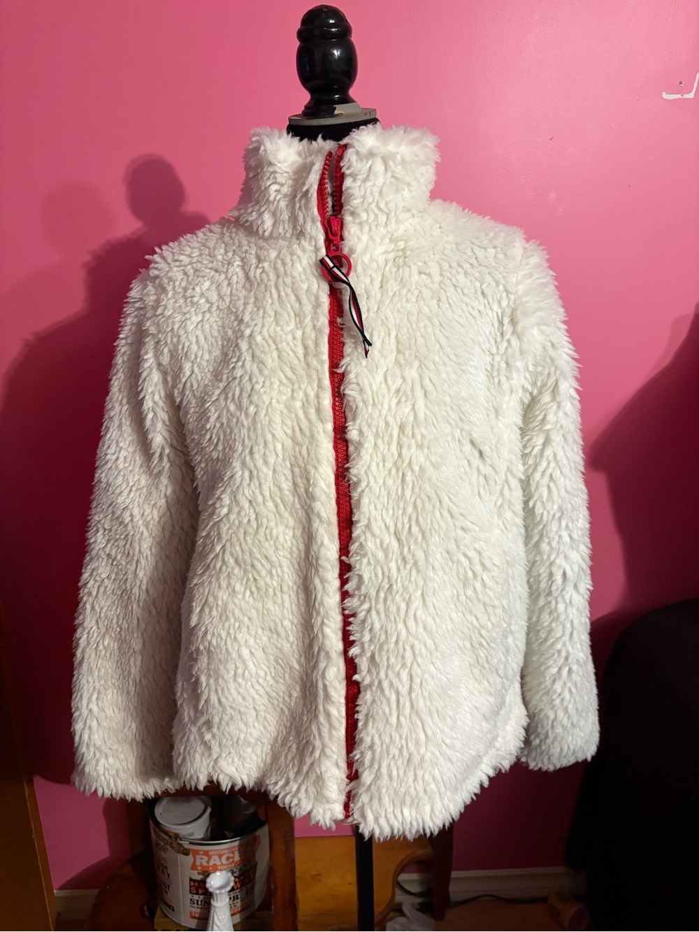 White Faux Sherpa Jacket with Red Trim